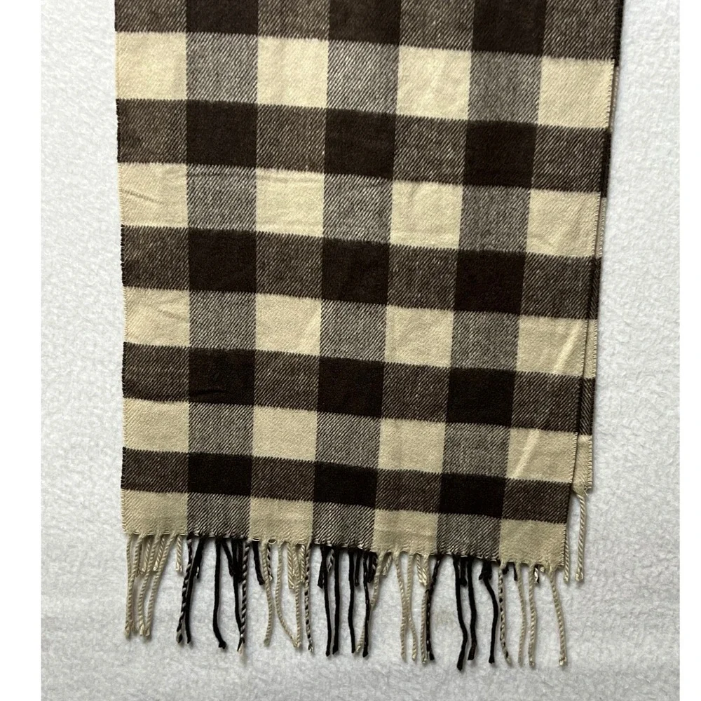 Unbranded Unisex Scarf 100% Cashmere OS Brown Buffalo Plaid Check Fringe Wrap